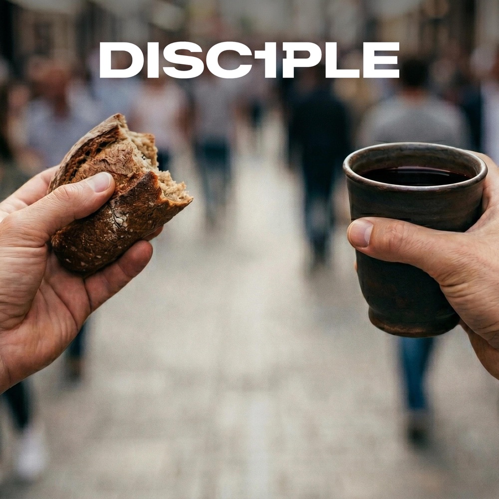 His Disciple album cover: hands holding bread and a cup on a busy street